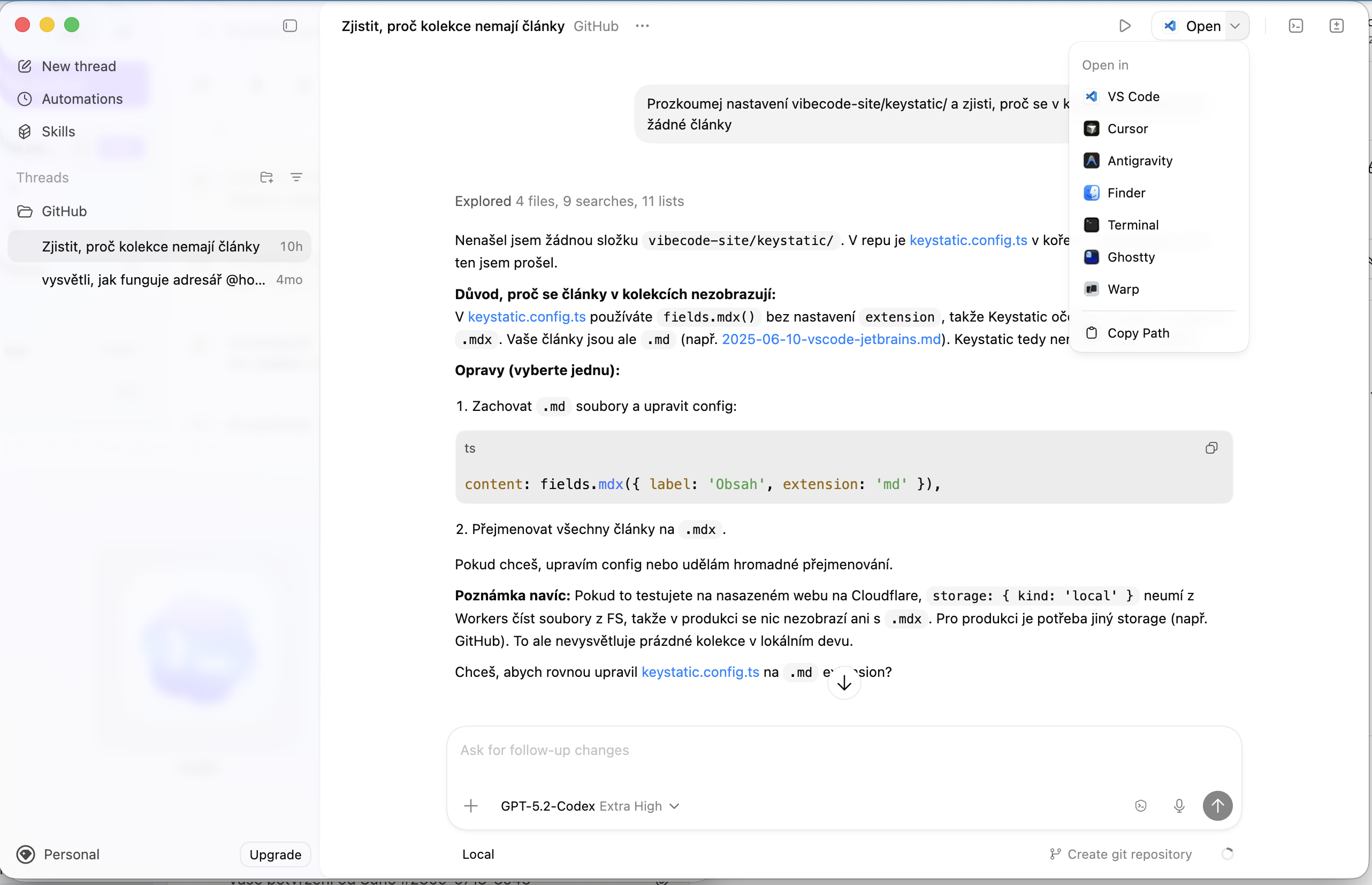Codex App rozhraní
